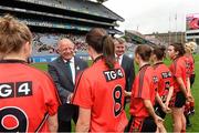 28 September 2014; Pat Quill, President of the Ladies Gaelic Football Association, is introduced to the Down team. TG4 All-Ireland Ladies Football Intermediate Championship Final, Down v Fermanagh. Croke Park, Dublin. Picture credit: Ramsey Cardy / SPORTSFILE