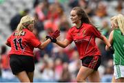 28 September 2014; Down's Sinead McNamee, right, celebrates a point with team-mate Lauren Cunningham. TG4 All-Ireland Ladies Football Intermediate Championship Final, Down v Fermanagh. Croke Park, Dublin. Picture credit: Ramsey Cardy / SPORTSFILE