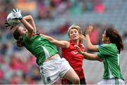 28 September 2014; Sharon Little, left, supported by Joanne Doonan, Fermanagh, in action against Eliza Downey, Down. TG4 All-Ireland Ladies Football Intermediate Championship Final, Down v Fermanagh. Croke Park, Dublin. Picture credit: Ramsey Cardy / SPORTSFILE