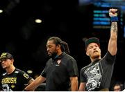 27 September 2014; Conor McGregor, celebrates after defeating Dustin Poirier, in the first round during their featherweight bout. UFC 178, Dustin Poirier v Conor McGregor, MGM Grand Garden Arena, Las Vegas, Nevada, USA. Picture credit: Stephen R. Sylvanie / SPORTSFILE