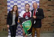 27 September 2014; Megan O'Shea, St.Brigids, Limerick, receives the Player of the Match award in Junior Championship from Pat Quill, President, Ladies Gaelic Football Association, and Lynn Moynihan, Local Marketing Manager, Tesco Ireland. 2014 TESCO HomeGrown All-Ireland Ladies Football Club Sevens Finals. Naomh Mearnóg GAA Club, Portmarnock, Co. Dublin. Picture credit: Barry Cregg / SPORTSFILE