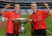 28 September 2014; Down players Sinéad Fegan, left, and Orla Fegan celebrate with the cup after the game. TG4 All-Ireland Ladies Football Intermediate Championship Final, Down v Fermanagh. Croke Park, Dublin. Picture credit: Brendan Moran / SPORTSFILE