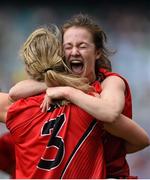 28 September 2014; Down's Eliza Downey, 3, and Mairéad Grant celebrate after the game. TG4 All-Ireland Ladies Football Intermediate Championship Final, Down v Fermanagh. Croke Park, Dublin. Picture credit: Brendan Moran / SPORTSFILE