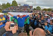 28 September 2014; Jamie Donaldson, Team Europe, celebrates, on the 16th green, after his Singles Match against Keegan Bradley, Team USA, won the Ryder Cup for Europe. The 2014 Ryder Cup, Final Day. Gleneagles, Scotland. Picture credit: Matt Browne / SPORTSFILE