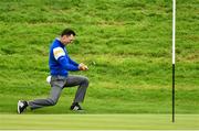 28 September 2014; Martin Kaymer, Team Europe, celebrates his game winning pitch on the 16th green to win his Singles Match against Bubba Watson, Team USA. The 2014 Ryder Cup, Final Day. Gleneagles, Scotland. Picture credit: Matt Browne / SPORTSFILE