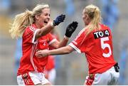 28 September 2014; Bríd Stack, left, and Vera Foley  of Cork celebrate at the final whistle of the TG4 All-Ireland Ladies Football Senior Championship Final match between Cork and Dublin at Croke Park in Dublin. Photo by Ramsey Cardy/Sportsfile