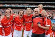 28 September 2014; Cork manager Eamonn Ryan with players, from left to right, Grace Kearney, Geraldine O'Flynn, Angela Walsh, Valerie Mulcahy and Deirdre O'Reilly after the game. TG4 All-Ireland Ladies Football Senior Championship Final, Cork v Dublin. Croke Park, Dublin. Picture credit: Brendan Moran / SPORTSFILE
