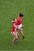 28 September 2014; Cork's Eimear Scally, left, who scored a late goal, and Geraldine O'Flynn, who scored what proved to be the winning point, celebrate on the final whistle. TG4 All-Ireland Ladies Football Senior Championship Final, Cork v Dublin. Croke Park, Dublin. Picture credit: Ray McManus / SPORTSFILE