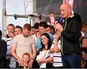 27 September 2014; Kilkenny's Henry Shefflin, extreme left, looks on while manager Brian Cody speaks to supporters during the homecoming celebrations. All Ireland Hurling Champions return to Kilkenny. Kilkenny Picture credit: Pat Murphy / SPORTSFILE