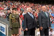 28 September 2014; The President of Ireland Michael D. Higgins, left, is accompanied by Pat Quill, President of the Ladies Gaelic Football Association, before he is introduced to the teams before the game. TG4 All-Ireland Ladies Football Senior Championship Final, Cork v Dublin. Croke Park, Dublin. Picture credit: Ramsey Cardy / SPORTSFILE