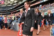28 September 2014; Niamh Briggs, left, and Nora Stapleton are introduced to the crowd alongside members of the Ireland Women's rugby team were introduced to the crowd at half-time. TG4 All-Ireland Ladies Football Senior Championship Final, Cork v Dublin. Croke Park, Dublin. Picture credit: Ramsey Cardy / SPORTSFILE