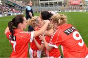 28 September 2014; Cork's players, from left, Aisling Barrett, Valerie Mulcahy, Geraldine O'Flynn, Deirdre O'Reilly and Briege Corkery celebrate at the end of the game. TG4 All-Ireland Ladies Football Senior Championship Final, Cork v Dublin. Croke Park, Dublin. Picture credit: Ramsey Cardy / SPORTSFILE