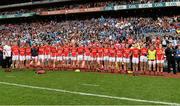 28 September 2014; Members of the Cork squad stand for the National Anthem. TG4 All-Ireland Ladies Football Senior Championship Final, Cork v Dublin. Croke Park, Dublin. Picture credit: Ramsey Cardy / SPORTSFILE