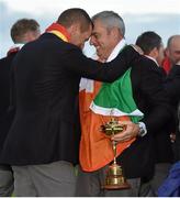 28 September 2014; European team captain Paul McGinley and Sergio Garcia celebrate with the Ryder Cup. The 2014 Ryder Cup, Final Day. Gleneagles, Scotland. Picture credit: Matt Browne / SPORTSFILE