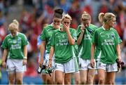 28 September 2014; Fermanagh's Marcella Monahan, Caroline Little and Kyla McManus leave the pitch dejected after the game. TG4 All-Ireland Ladies Football Intermediate Championship Final, Down v Fermanagh. Croke Park, Dublin. Picture credit: Ramsey Cardy / SPORTSFILE