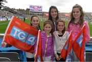 28 September 2014; Annie Reilly, Ruby Reilly, Sherrie McNearley, Lucy Reilly and Sophie Reilly, from Cavan town, ahead of the TG4 All-Ireland Ladies Football Finals Day. Croke Park, Dublin. Picture credit: Ramsey Cardy / SPORTSFILE