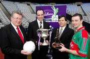 12 March 2007; Dermot Power, GAA Commercial and Marketing, left, Kildare Footballer Dermot Earley, who is one of the Cadbury Hero of the Future judges, Cathal O'Connor, Marketing Manager Cadbury Ireland, 2nd from right, and Mayo footballer Keith Higgins, who was the Cadbury Hero of the Future 2006, at the launch of the 2007 Cadbury U21 Football Championship. The Cadbury Heroes of the Future is an initiative which began in 2006 to recognise and highlight the skill and commitment of U21 Footballers. Croke Park, Dublin. Picture credit: Ray McManus / SPORTSFILE