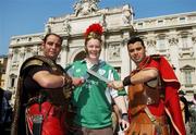 16 March 2007; Ireland rugby fan Ian Mussen, from Belfast, is put to the sword by some Roman Gladiators, by the Trevi Fountain, ahead of RBS Six Nations game between Ireland and Italy. Rome, Italy. Picture credit: Brendan Moran / SPORTSFILE