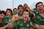 16 March 2007; Ireland players, from left, Shane Monahan, Ian Keatley, Conor McInerney, Paul O'Donohoe, Cian Healy, Richard Sweeney, Thomas Anderson and Jamie Hagan celebrate after victory against Italy. Italy v Ireland, U20 Six Nations Rugby Championship, Santa Colomba Stadium, Benevento, Italy. Picture credit: Matt Browne / SPORTSFILE