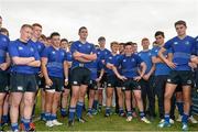 27 September 2014; The Leinster squad during the cup presentation after defeating Munster 25-6. Under 18 Club Interprovincial, Munster v Leinster. Waterpark RFC, Waterford. Picture credit: Ramsey Cardy / SPORTSFILE