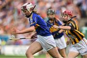 27 September 2014; Carla O'Neill, St.Michael's P.S Randalstown, Antrim, representing Tipperary, in action against Emma Byrne, Muine Bheag Camogie, Bagenalstown, Carlow, representing Kilkenny, during the INTO/RESPECT Exhibition GoGames. Croke Park, Dublin. Picture credit: David Maher / SPORTSFILE