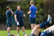 29 September 2014; Leinster head coach Matt O'Connor, centre, speaks with skills & kicking coach Richie Murphy, left, and forwards coach Leo Cullen during squad training ahead of their Guinness Pro 12, Round 5, match against Munster on Saturday. Leinster Rugby Squad Training, Rosemount, UCD, Belfield, Dublin. Picture credit: Ramsey Cardy / SPORTSFILE
