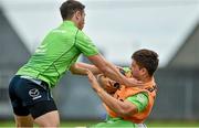 29 September 2014; Connacht's Dave Heffernan is tackled by John Cooney, left, and Mick Kearney during squad training ahead of their Guinness Pro 12, Round 5, match against Cardiff Blues on Friday. Connacht Rugby Squad Training, Rosemount, Sportsground, Galway. Picture credit: Barry Cregg / SPORTSFILE
