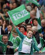 28 September 2014; A Fermanagh supporter cheers on her side during the TG4 All-Ireland Ladies Football Finals Day. Croke Park, Dublin. Picture credit: Brendan Moran / SPORTSFILE