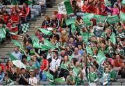 28 September 2014; Fermanagh supporters cheer on their side. Croke Park, Dublin. Picture credit: Brendan Moran / SPORTSFILE