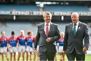 28 September 2014; Pat Quill, President, Ladies Gaelic Football Association, right, and Pól Ó Gallchóir, Ceannsaí, TG4, after being introduced to both teams. TG4 All-Ireland Ladies Football Senior Championship Final, Cork v Dublin. Croke Park, Dublin. Picture credit: Ramsey Cardy / SPORTSFILE
