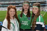 28 September 2014; Fermanagh supporters, from left, Caitlin Sexton, Erin Murphy and Aoibhín Dolan, from Enniskillen, Co. Fermanagh, ahead of the TG4 All-Ireland Ladies Football Finals Day. Croke Park, Dublin. Picture credit: Ramsey Cardy / SPORTSFILE