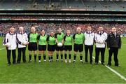 28 September 2014; Referee Maggie Farrelly, 6th from left, with match officials including, standby referee Terence McShea, 4th official Gerry Carmody, umpires Martin Farrelly, Maurice Brady, Michael Shiels and Kieran Smith, linespeople Leah Mullins and Tracy Brennan, standby umpire Patrick Farrelly and standby linesperson Martina Dillon ahead of the game. TG4 All-Ireland Ladies Football Senior Championship Final, Cork v Dublin. Croke Park, Dublin. Picture credit: Ramsey Cardy / SPORTSFILE