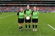 28 September 2014; Referee Maggie Farrelly with linespeople Leah Mullins and Tracy Brennan. TG4 All-Ireland Ladies Football Senior Championship Final, Cork v Dublin. Croke Park, Dublin. Picture credit: Ramsey Cardy / SPORTSFILE