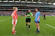 28 September 2014; Referee Maggie Farrelly with Cork captain Briege Corkery and Dublin captain Sinead Goldrick. TG4 All-Ireland Ladies Football Senior Championship Final, Cork v Dublin. Croke Park, Dublin. Picture credit: Ramsey Cardy / SPORTSFILE