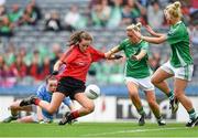28 September 2014; Sinéad McNamee, Down, in action against Marcella Monahan and Shannan McQuade, Fermanagh. TG4 All-Ireland Ladies Football Intermediate Championship Final, Down v Fermanagh. Croke Park, Dublin. Picture credit: Brendan Moran / SPORTSFILE