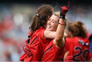 28 September 2014; Down players Eliza Downey, right and Mairead Grant celebrate at the final whistle. TG4 All-Ireland Ladies Football Intermediate Championship Final, Down v Fermanagh. Croke Park, Dublin. Picture credit: Brendan Moran / SPORTSFILE