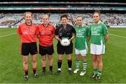 28 September 2014; Referee Mags Doherty, with Down's Niamh McGowan, left, and Kyla Trainor, and Fermanagh's Marita McDonald and Aisling Moane. TG4 All-Ireland Ladies Football Intermediate Championship Final, Down v Fermanagh. Croke Park, Dublin. Picture credit: Ramsey Cardy / SPORTSFILE