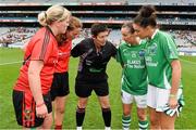 28 September 2014; Referee Mags Doherty, speaks with Down's Niamh McGowan, left, and Kyla Trainor, and Fermanagh's Marita McDonald and Aisling Moane ahead of the game. TG4 All-Ireland Ladies Football Intermediate Championship Final, Down v Fermanagh. Croke Park, Dublin. Picture credit: Ramsey Cardy / SPORTSFILE