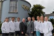 30 September 2014; The Olympic Council of Ireland, in association with the IOC’s Olympic Solidarity programme, has announced scholarship support worth over €100,000 to help selected Irish athletes prepare for the Rio Olympic Games. Eight athletes in seven sports will benefit from the scholarship scheme, which will give the nominated athletes a monthly grant towards vital training and preparation costs in their quest to qualify for the Olympic Games in Rio 2016. The recipients are Chloe & Sam Magee, badminton mixed doubles; Sanita Puspure, rowing; Liam Jegou, slalom canoeing; Bryan Keane, triathlon; Lisa Kearney, judo; Andrew Smith, gymnastics, and Natalya Coyle, modern pentathlon. In attendance at the announcement are, from left, Chloe Magee, badminton, Bryan Keane, triathlon, Sam Magee, badminton, Kevin Kilty, Chef de Mission, Irish Olympic team Rio 2016, Pat Hickey, President, Olympic Council of Ireland, Liam Jegou, slalom canoe, Sanita Puspure, rowing, Natalya Coyle, modern penthathlon, and Lisa Kearney, judo. Rio Olympic Scholarship Presentation by The Olympic Council of Ireland, Olympic House, Harbour Road, Howth, Co. Dublin. Picture credit: Brendan Moran / SPORTSFILE