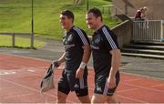 30 September 2014; Munster's Ian Keatley, left, and Damien Varley make their way out for squad training ahead of their side's Guinness PRO12, Round 5, match against Leinster on Saturday. Munster Rugby Squad Training, University of Limerick, Limerick. Picture credit: Diarmuid Greene / SPORTSFILE