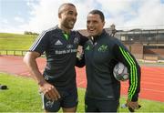 30 September 2014; Munster's Simon Zebo with Munster Rugby corporate ambassador Doug Howlett before squad training ahead of their side's Guinness PRO12, Round 5, match against Leinster on Saturday. Munster Rugby Squad Training, University of Limerick, Limerick. Picture credit: Diarmuid Greene / SPORTSFILE