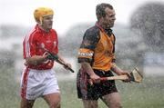18 March 2007; Liam Clarke, Down, and Joe Deane, Cork, during a hail and snow storm. Down v Cork, Allianz National Hurling League, Division 1A, Round 3, Ballygalget, Co. Down. Picture credit: Oliver McVeigh / SPORTSFILE