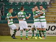 30 September 2014; Ryan Brennan, extreme right, Shamrock Rovers, celebrates with his team-mates after scoring the opening goal of the game. SSE Airtricity League Premier Division, Shamrock Rovers v UCD. Tallaght Stadium, Tallaght, Co. Dublin. Picture credit: Barry Cregg / SPORTSFILE