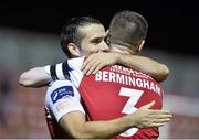 30 September 2014; Christy Fagan, left, St Patrick’s Athletic, celebrates with team-mate Ian Bermingham after scoring his side's first goal. SSE Airtricity League Premier Division, St Patrick’s Athletic v Bohemians. Richmond Park, Dublin. Picture credit: David Maher / SPORTSFILE