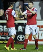30 September 2014; Conan Byrne, right, St Patrick’s Athletic, celebrates after scoring his side's third goal with team-mate Christy Fagan. SSE Airtricity League Premier Division, St Patrick’s Athletic v Bohemians. Richmond Park, Dublin. Picture credit: David Maher / SPORTSFILE