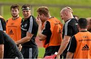 30 September 2014; Munster's John Madigan and Paul O'Connell react after a clash of heads in a maul during squad training ahead of their Guinness PRO12, Round 5, match against Leinster on Saturday. Munster Rugby Squad Training, University of Limerick, Limerick. Picture credit: Diarmuid Greene / SPORTSFILE