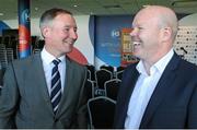 1 October 2014; Dublin manager Jim Gavin, left, with former Antrim footballer Anto Finnegan, in attendance at the launch of Game for Anto: Tackling MND Together, a game between an All-Star Ulster Select and Dublin to be played at the Kingspan Stadium, Ravenhill Park, Belfast. Picture credit: John Dickson / SPORTSFILE