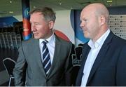 1 October 2014; Dublin manager Jim Gavin, left, with former Antrim footballer Anto Finnegan, in attendance at the launch of Game for Anto: Tackling MND Together, a game between an All-Star Ulster Select and Dublin to be played at the Kingspan Stadium, Ravenhill Park, Belfast. Picture credit: John Dickson / SPORTSFILE