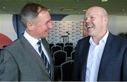 1 October 2014; Dublin manager Jim Gavin, left, with former Antrim footballer Anto Finnegan, in attendance at the launch of Game for Anto: Tackling MND Together, a game between an All-Star Ulster Select and Dublin to be played at the Kingspan Stadium, Ravenhill Park, Belfast. Picture credit: John Dickson / SPORTSFILE