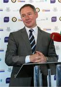 1 October 2014; Dublin manager, Jim Gavin, speaks during the launch of Game for Anto: Tackling MND Together, a game between an All-Star Ulster Select and Dublin to be played at the Kingspan Stadium, Ravenhill Park, Belfast. Picture credit: John Dickson / SPORTSFILE